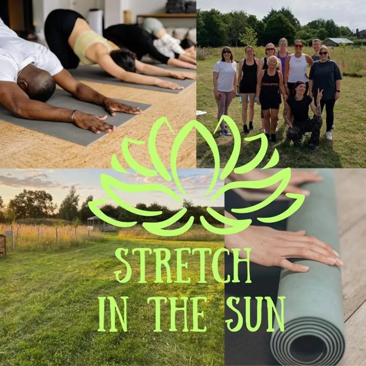 An image made from four smaller images: people doing a downward dog yoga stretch, a group standing in a field, a sunny meadow and a rolled up yoga mat.