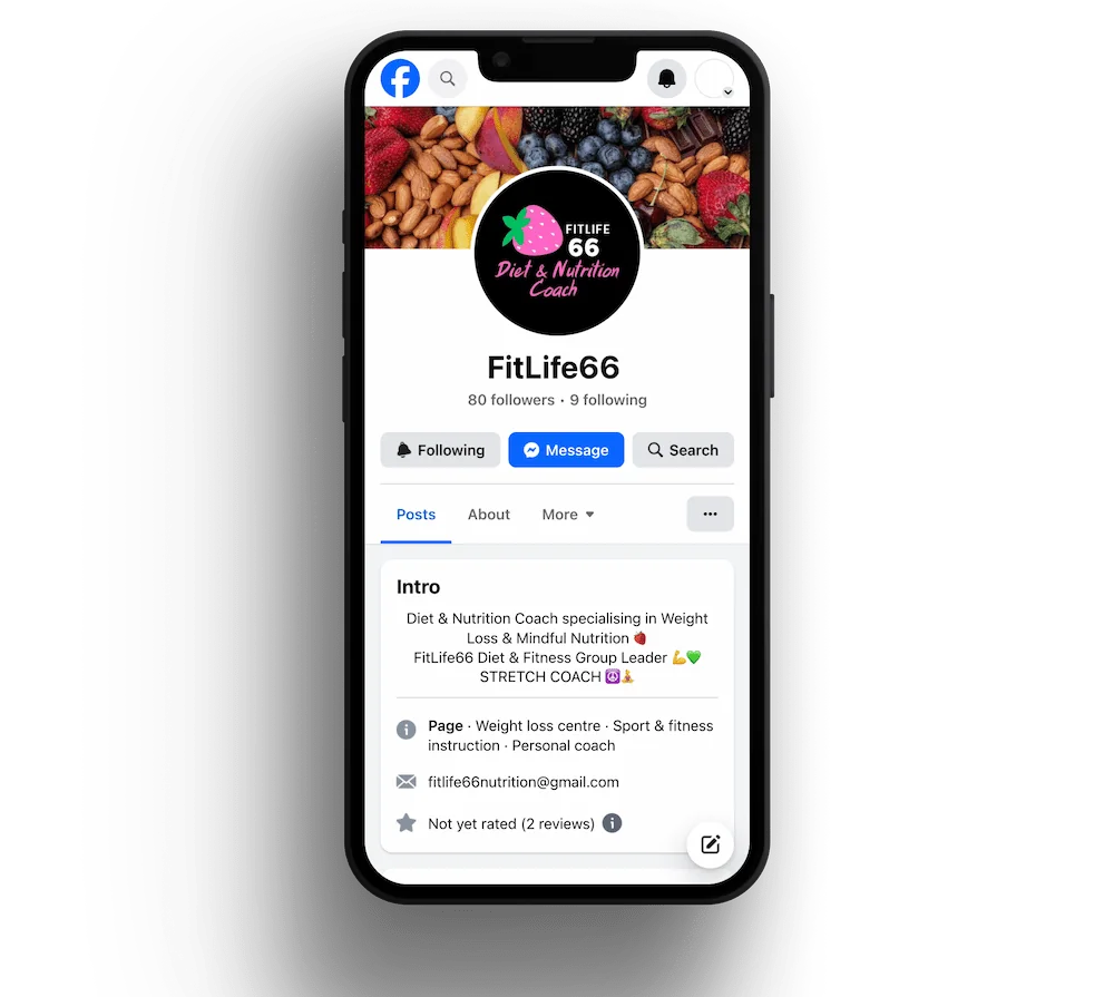 A mobile phone with the facebook page and logo showing "FitLife66"