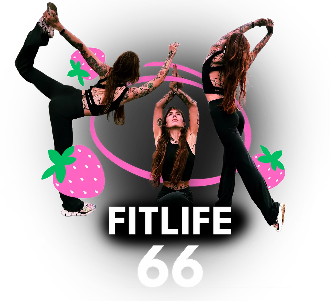 Woman doing three different stretches with floating illustrations of strawberries and text that reads "Fitlife 66" 